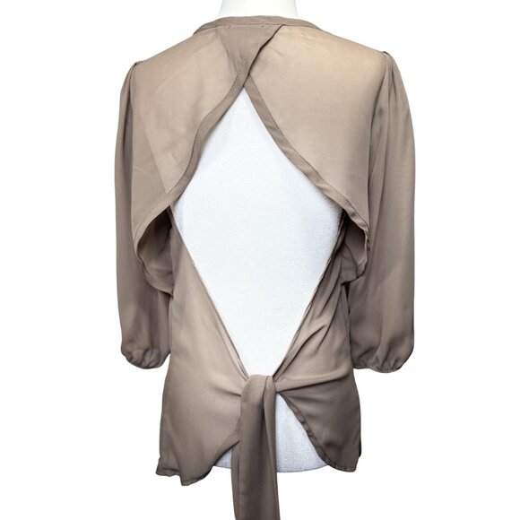 Poetry Size M Sheer Beige Open Back Blouse With Tie Waist & 3/4 Sleeves Womens - Picture 2 of 10